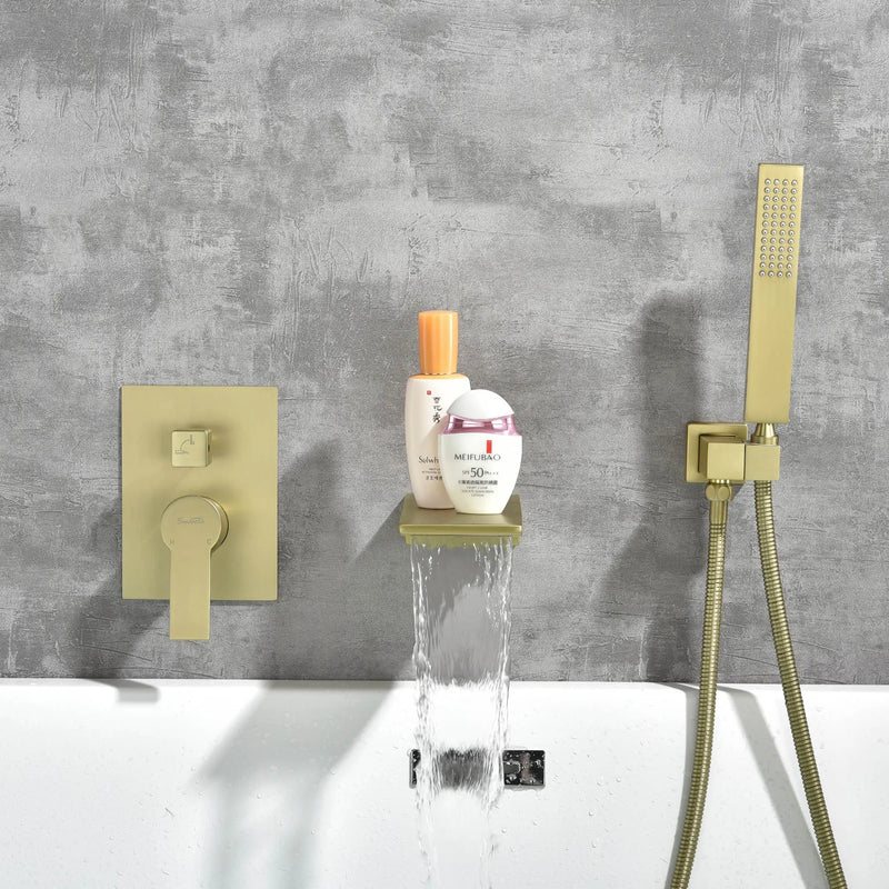 Waterfall Wall Mounted Bathtub Faucet with Hand Shower in Brushed Gold, Brushed Nickel, Matte Black waterfall-wall-mounted-bathtub-faucet-with-hand-shower 