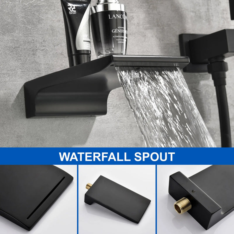 Waterfall Wall Mounted Bathtub Faucet with Hand Shower in Brushed Gold, Brushed Nickel, Matte Black waterfall-wall-mounted-bathtub-faucet-with-hand-shower 
