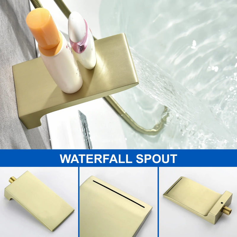 Waterfall Wall Mounted Bathtub Faucet with Hand Shower in Brushed Gold, Brushed Nickel, Matte Black waterfall-wall-mounted-bathtub-faucet-with-hand-shower 