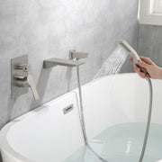 Waterfall Wall Mounted Bathtub Faucet with Hand Shower in Brushed Gold, Brushed Nickel, Matte Black waterfall-wall-mounted-bathtub-faucet-with-hand-shower 