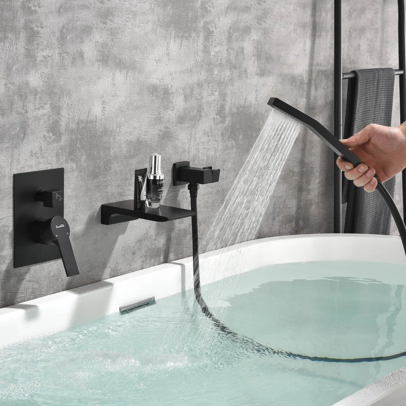 Waterfall Wall Mounted Bathtub Faucet with Hand Shower in Brushed Gold, Brushed Nickel, Matte Black waterfall-wall-mounted-bathtub-faucet-with-hand-shower 