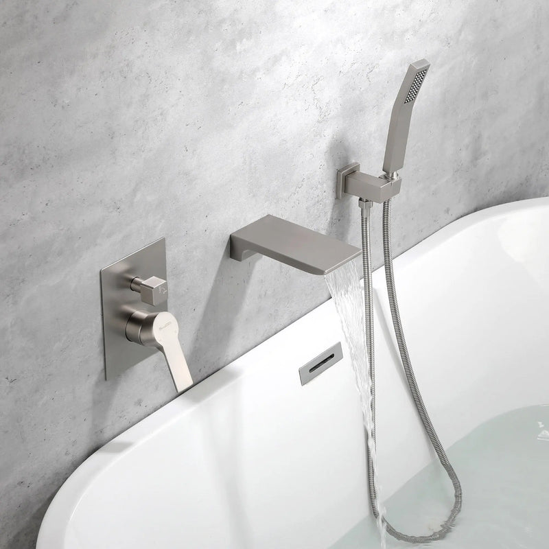 Waterfall Wall Mounted Bathtub Faucet with Hand Shower in Brushed Gold, Brushed Nickel, Matte Black waterfall-wall-mounted-bathtub-faucet-with-hand-shower 