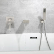 Waterfall Wall Mounted Bathtub Faucet with Hand Shower in Brushed Gold, Brushed Nickel, Matte Black waterfall-wall-mounted-bathtub-faucet-with-hand-shower 