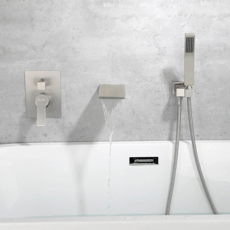 Waterfall Wall Mounted Bathtub Faucet with Hand Shower in Brushed Gold, Brushed Nickel, Matte Black waterfall-wall-mounted-bathtub-faucet-with-hand-shower 