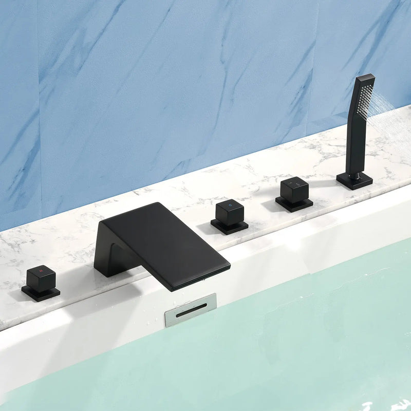 Waterfall tub filler Deck Mount square 5 Hole Bathtub Faucets Set with sprayer and 4.7inch waterfall spout waterfall-tub-filler-5-piece-deck-mount-square-5-hole-bathtub-faucets-set-with-sprayer 