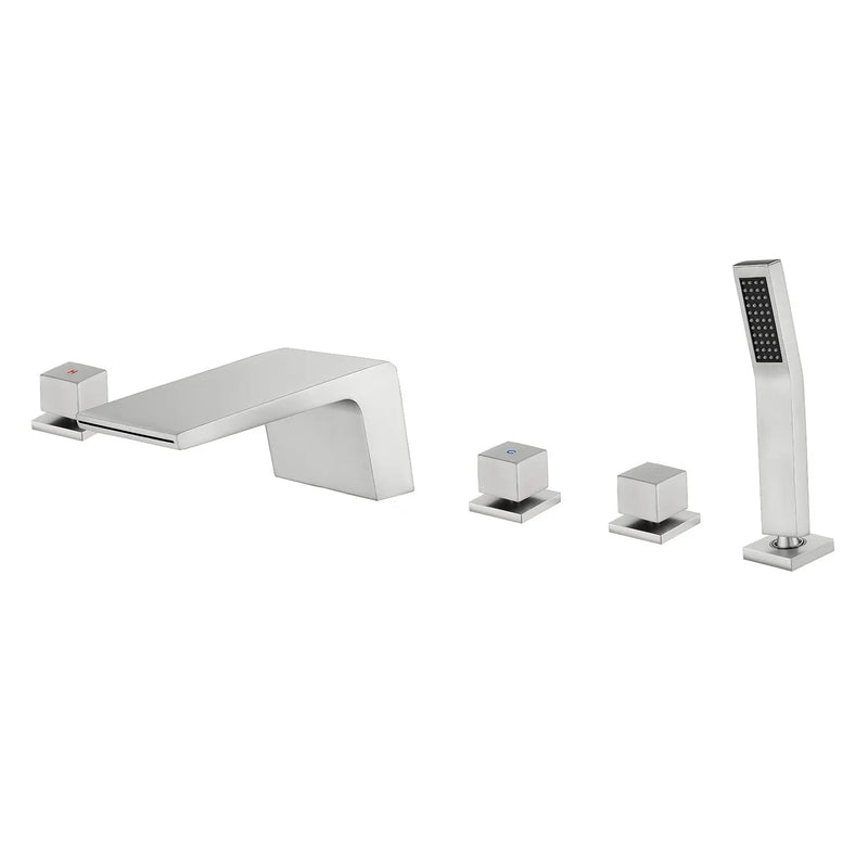 Waterfall tub filler Deck Mount square 5 Hole Bathtub Faucets Set with sprayer and 4.7inch waterfall spout waterfall-tub-filler-5-piece-deck-mount-square-5-hole-bathtub-faucets-set-with-sprayer Brushed Nickel / Brass & SUS304 / 17.5*13.4*5.5 inches