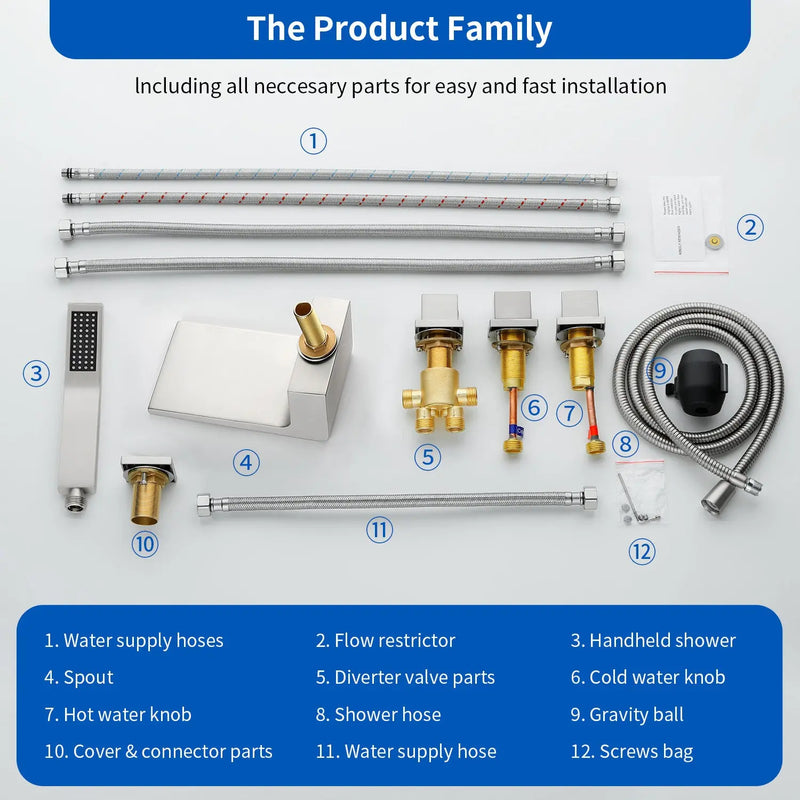 Waterfall tub filler Deck Mount square 5 Hole Bathtub Faucets Set with sprayer and 4.7inch waterfall spout waterfall-tub-filler-5-piece-deck-mount-square-5-hole-bathtub-faucets-set-with-sprayer 