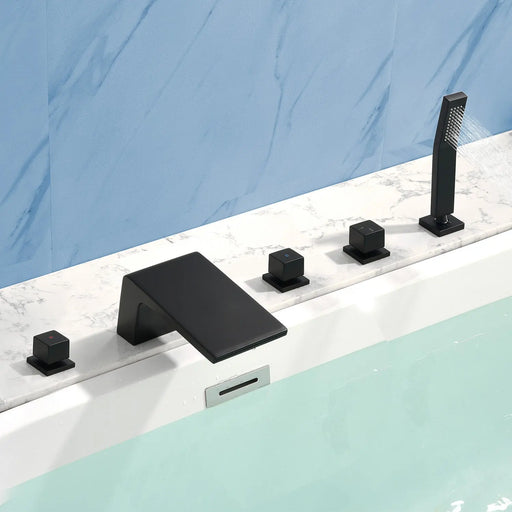 Waterfall tub filler Deck Mount square 5 Hole Bathtub Faucets Set with sprayer and 4.7inch waterfall spout waterfall-tub-filler-5-piece-deck-mount-square-5-hole-bathtub-faucets-set-with-sprayer 