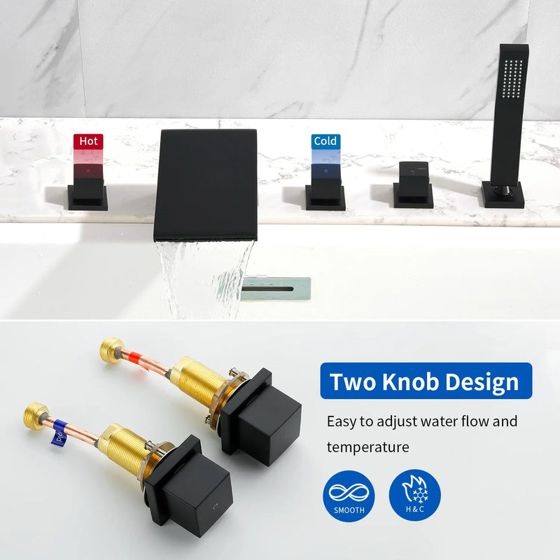 Waterfall tub filler Deck Mount square 5 Hole Bathtub Faucets Set with sprayer and 4.7inch waterfall spout waterfall-tub-filler-5-piece-deck-mount-square-5-hole-bathtub-faucets-set-with-sprayer 