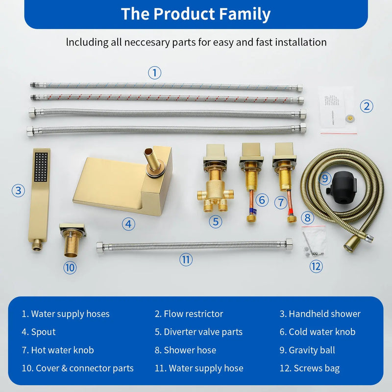 Waterfall tub filler Deck Mount square 5 Hole Bathtub Faucets Set with sprayer and 4.7inch waterfall spout waterfall-tub-filler-5-piece-deck-mount-square-5-hole-bathtub-faucets-set-with-sprayer 