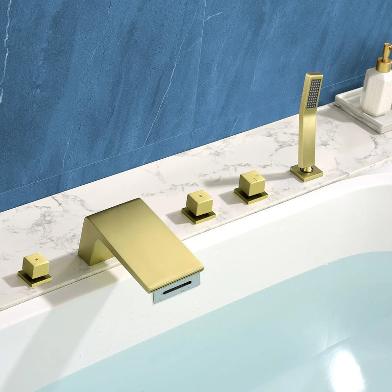Waterfall tub filler Deck Mount square 5 Hole Bathtub Faucets Set with sprayer and 4.7inch waterfall spout waterfall-tub-filler-5-piece-deck-mount-square-5-hole-bathtub-faucets-set-with-sprayer 