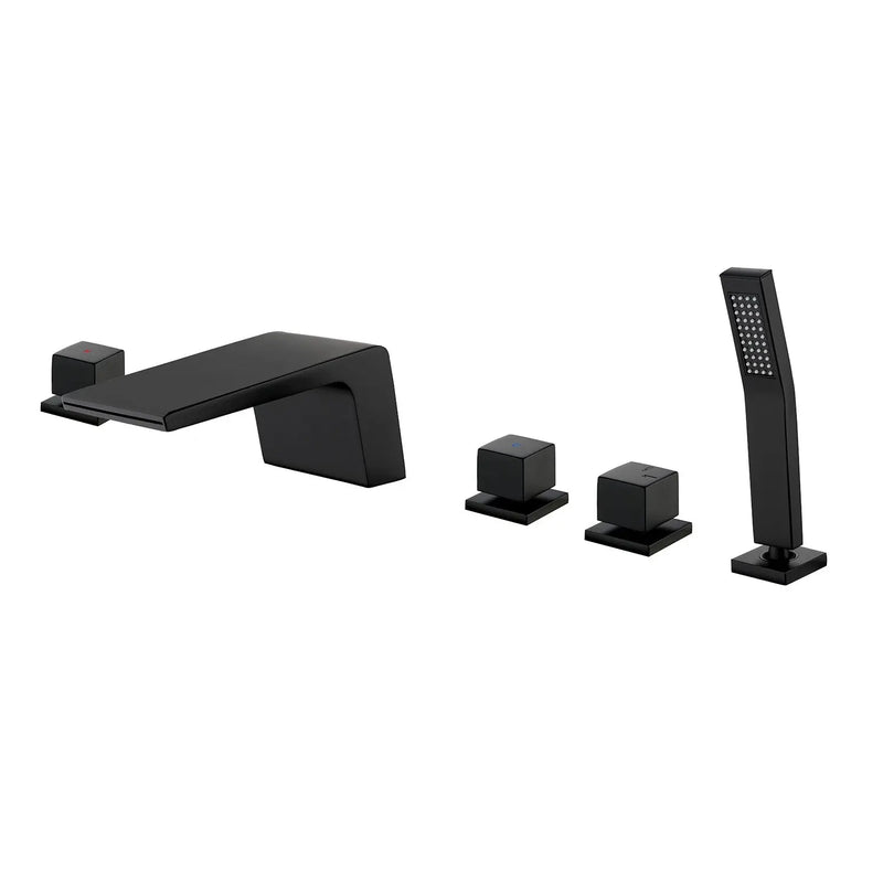 Waterfall tub filler Deck Mount square 5 Hole Bathtub Faucets Set with sprayer and 4.7inch waterfall spout waterfall-tub-filler-5-piece-deck-mount-square-5-hole-bathtub-faucets-set-with-sprayer Matte Black / Brass & SUS304 / 17.5*13.4*5.5 inches