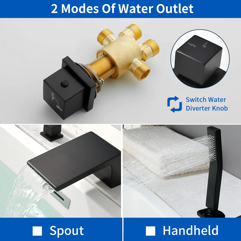 Waterfall tub filler Deck Mount square 5 Hole Bathtub Faucets Set with sprayer and 4.7inch waterfall spout waterfall-tub-filler-5-piece-deck-mount-square-5-hole-bathtub-faucets-set-with-sprayer 