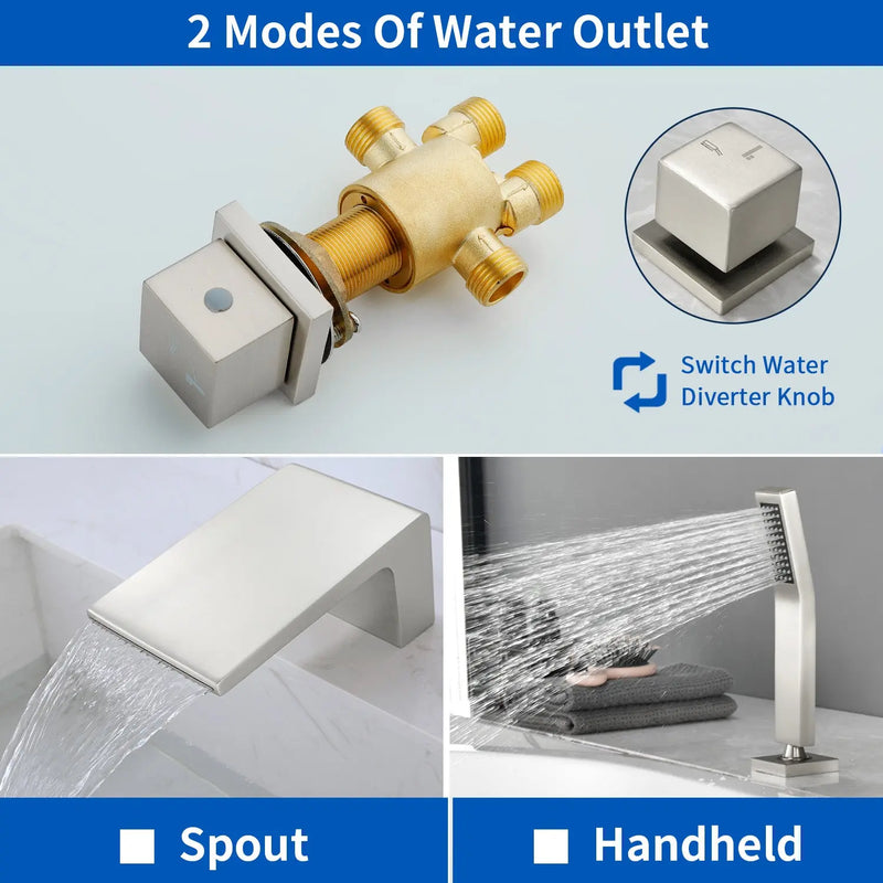 Waterfall tub filler Deck Mount square 5 Hole Bathtub Faucets Set with sprayer and 4.7inch waterfall spout waterfall-tub-filler-5-piece-deck-mount-square-5-hole-bathtub-faucets-set-with-sprayer 