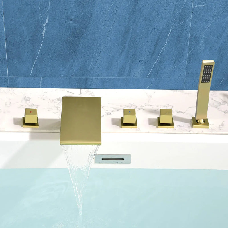 Waterfall tub filler Deck Mount square 5 Hole Bathtub Faucets Set with sprayer and 4.7inch waterfall spout waterfall-tub-filler-5-piece-deck-mount-square-5-hole-bathtub-faucets-set-with-sprayer 