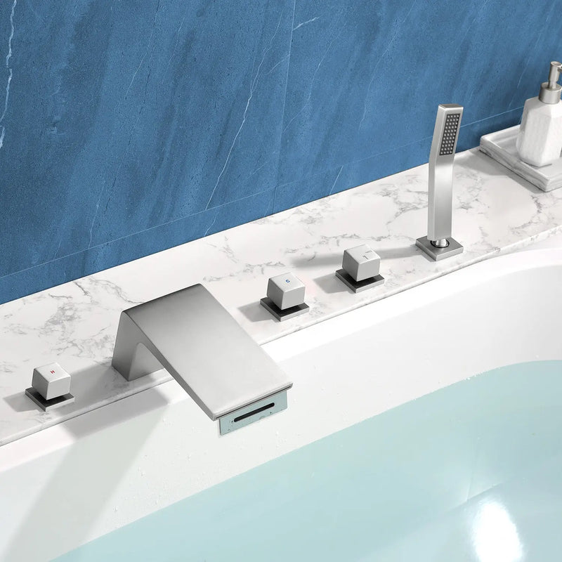 Waterfall tub filler Deck Mount square 5 Hole Bathtub Faucets Set with sprayer and 4.7inch waterfall spout waterfall-tub-filler-5-piece-deck-mount-square-5-hole-bathtub-faucets-set-with-sprayer 