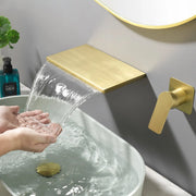 Wide Waterfall Faucet for Vessel Sinks Stainless Steel Single Lever Two Hole Wall Mounted Bathroom Faucet with Brass Connector wide-waterfall-faucet-for-vessel-sinks-stainless-steel-single-lever-two-hole-wall-mounted-bathroom-faucet-with-brass-connector Brushed Gold / Brass & SUS304 / 12.99*8.07*3.74inches