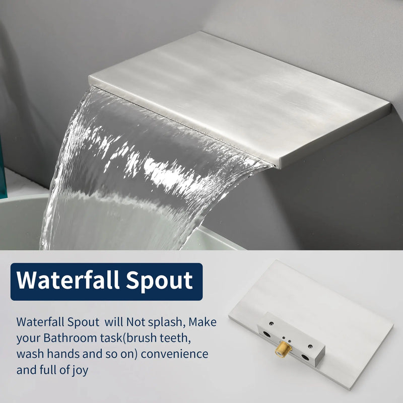 Wide Waterfall Faucet for Vessel Sinks Stainless Steel Single Lever Two Hole Wall Mounted Bathroom Faucet with Brass Connector wide-waterfall-faucet-for-vessel-sinks-stainless-steel-single-lever-two-hole-wall-mounted-bathroom-faucet-with-brass-connector 
