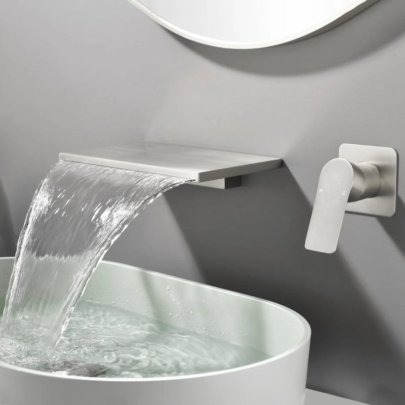 Wide Waterfall Faucet for Vessel Sinks Stainless Steel Single Lever Two Hole Wall Mounted Bathroom Faucet with Brass Connector wide-waterfall-faucet-for-vessel-sinks-stainless-steel-single-lever-two-hole-wall-mounted-bathroom-faucet-with-brass-connector Brushed Nickel / Brass & SUS304 / 12.99*8.07*3.74inches