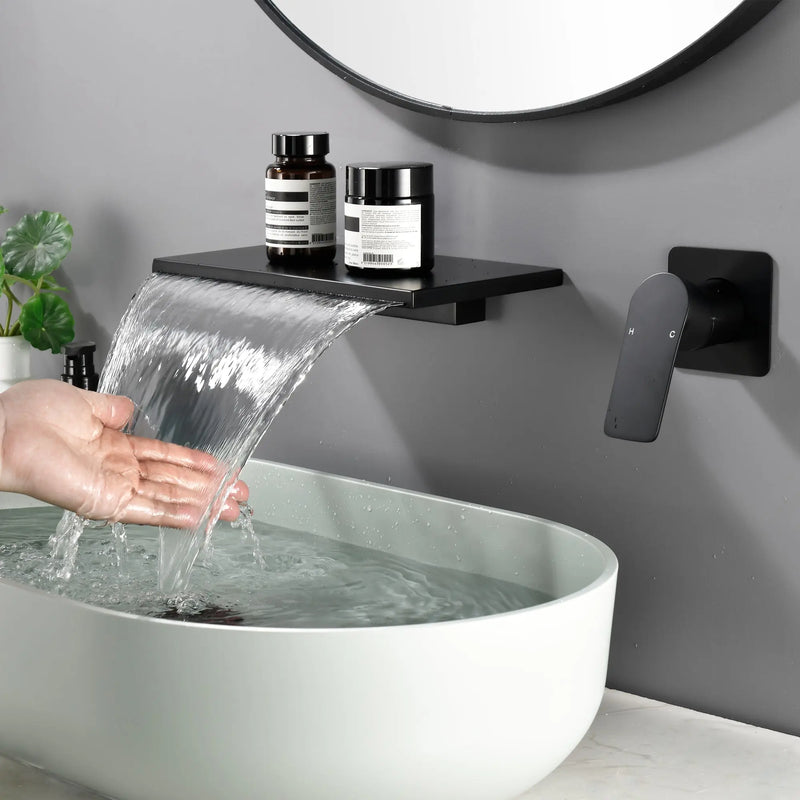 Wide Waterfall Faucet for Vessel Sinks Stainless Steel Single Lever Two Hole Wall Mounted Bathroom Faucet with Brass Connector wide-waterfall-faucet-for-vessel-sinks-stainless-steel-single-lever-two-hole-wall-mounted-bathroom-faucet-with-brass-connector Matte Black / Brass & SUS304 / 12.99*8.07*3.74inches
