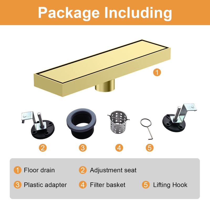 12 Inch Stainless Steel Linear Shower Drain, Rectangle Bathroom Floor Drain – Matte Black, Brushed Nickel & Brushed Gold