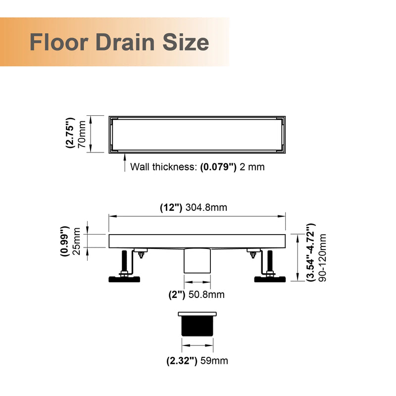 12 Inch Stainless Steel Linear Shower Drain, Rectangle Bathroom Floor Drain – Matte Black, Brushed Nickel & Brushed Gold