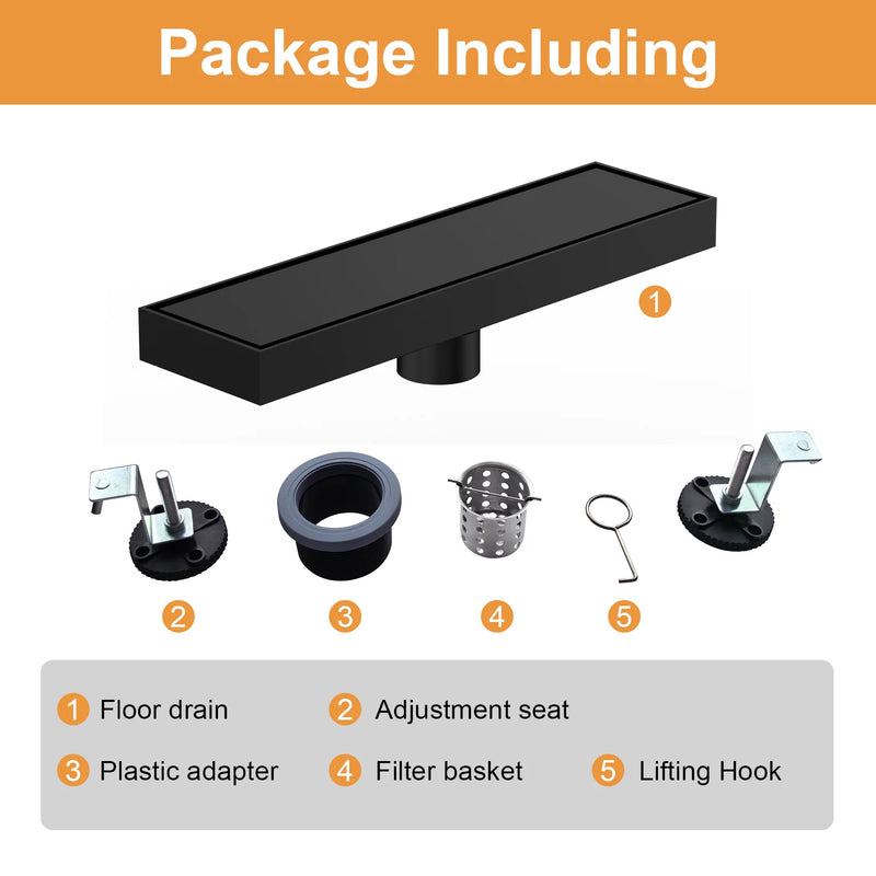 12 Inch Stainless Steel Linear Shower Drain, Rectangle Bathroom Floor Drain – Matte Black, Brushed Nickel & Brushed Gold