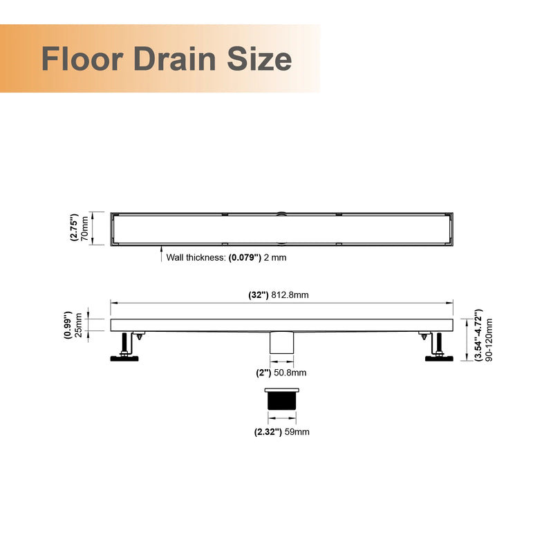32 Inch Stainless Steel Rectangle Linear Shower Drain for Bathroom – Matte Black, Brushed Nickel & Brushed Gold