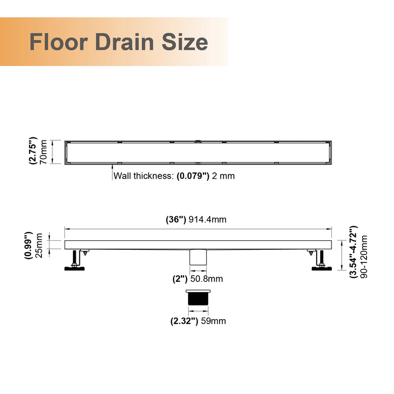 36 Inch Stainless Steel Shower Drain, Modern Linear Floor Drain for Bathroom – Matte Black, Brushed Nickel & Brushed Gold