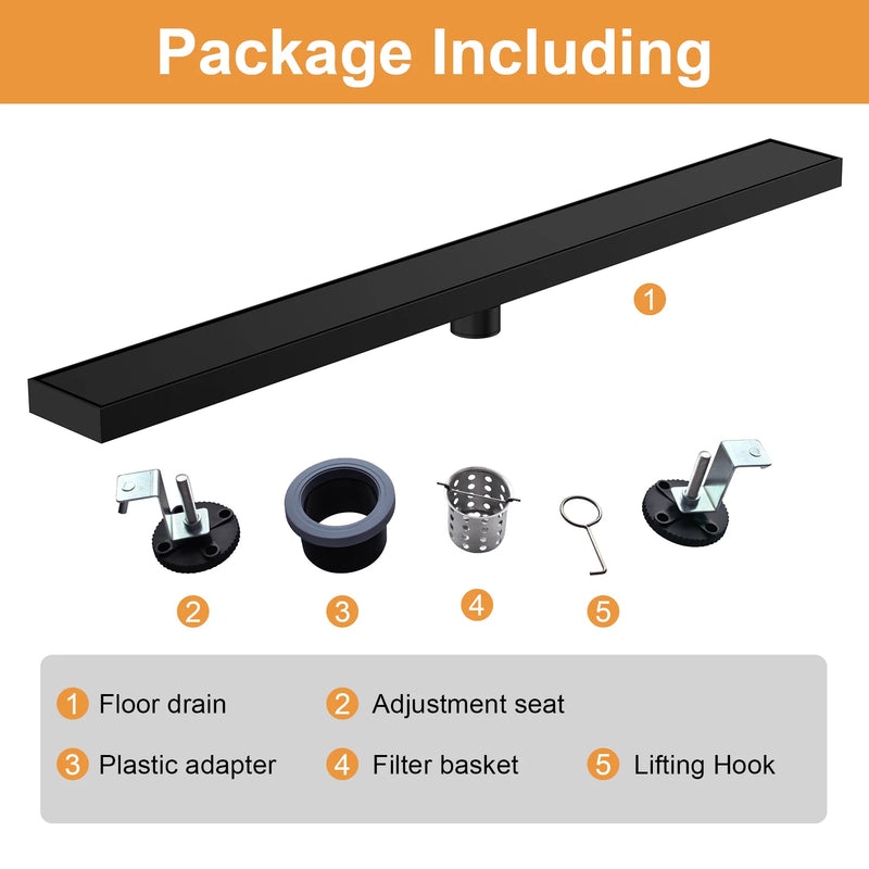 36 Inch Stainless Steel Shower Drain, Modern Linear Floor Drain for Bathroom – Matte Black, Brushed Nickel & Brushed Gold