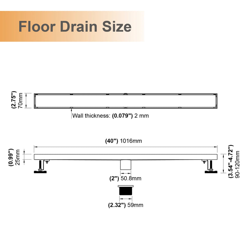 40 Inch Stainless Steel Rectangle Shower Drain, Linear Shower Floor Drain for Bathroom – Matte Black, Brushed Nickel & Brushed Gold
