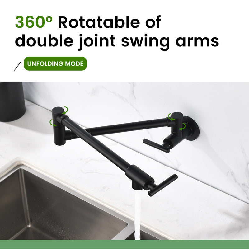 Pot Filler Faucet Wall Mount, Folding Kitchen Faucet Brass Double Joint Swing Arm, Two Handle Single Hole
