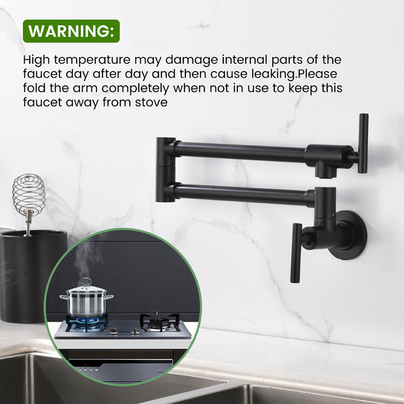 Pot Filler Faucet Wall Mount, Folding Kitchen Faucet Brass Double Joint Swing Arm, Two Handle Single Hole