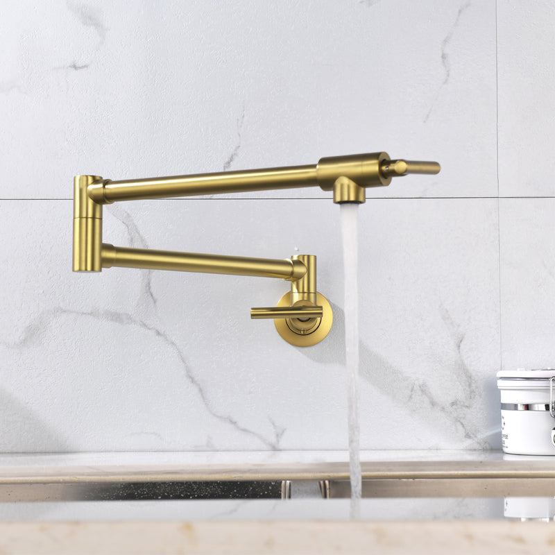 Pot Filler Faucet Wall Mount, Folding Kitchen Faucet Brass Double Joint Swing Arm, Two Handle Single Hole