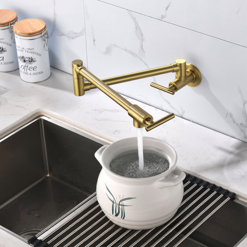 Pot Filler Faucet Wall Mount, Folding Kitchen Faucet Brass Double Joint Swing Arm, Two Handle Single Hole