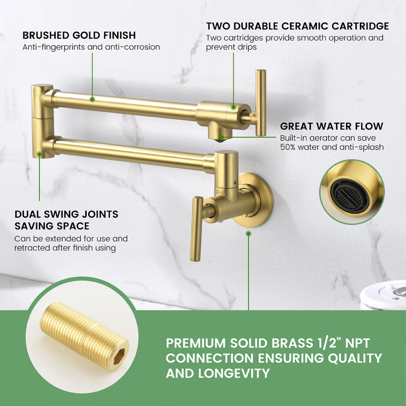 Pot Filler Faucet Wall Mount, Folding Kitchen Faucet Brass Double Joint Swing Arm, Two Handle Single Hole