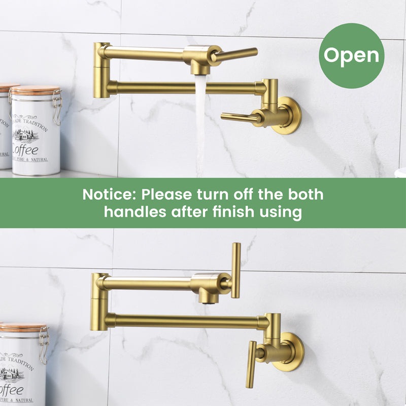 Pot Filler Faucet Wall Mount, Folding Kitchen Faucet Brass Double Joint Swing Arm, Two Handle Single Hole