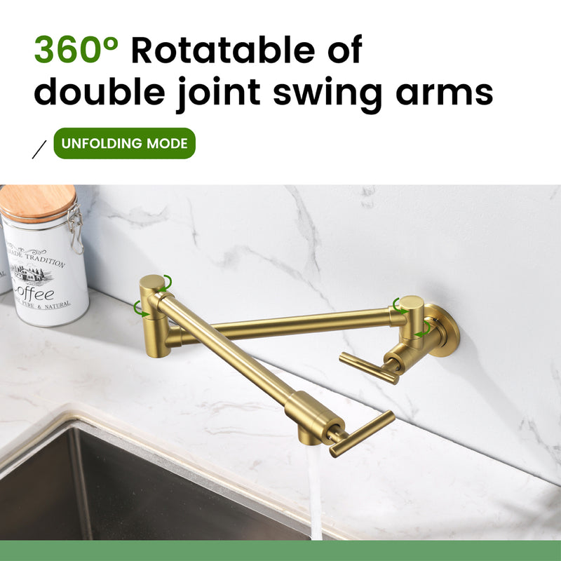 Pot Filler Faucet Wall Mount, Folding Kitchen Faucet Brass Double Joint Swing Arm, Two Handle Single Hole
