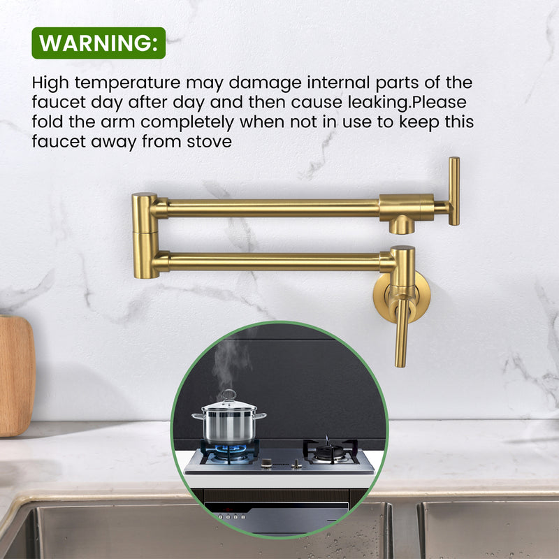 Pot Filler Faucet Wall Mount, Folding Kitchen Faucet Brass Double Joint Swing Arm, Two Handle Single Hole