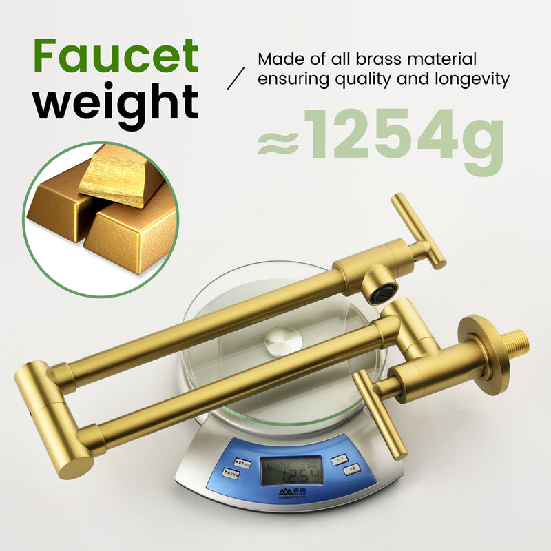 Pot Filler Faucet Wall Mount, Folding Kitchen Faucet Brass Double Joint Swing Arm, Two Handle Single Hole