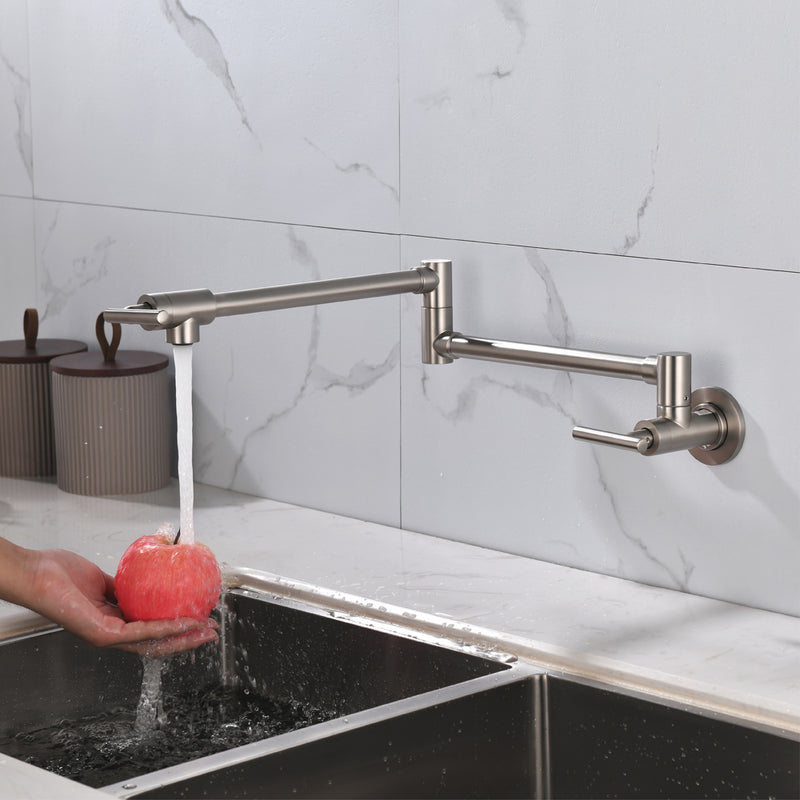 Pot Filler Faucet Wall Mount, Folding Kitchen Faucet Brass Double Joint Swing Arm, Two Handle Single Hole