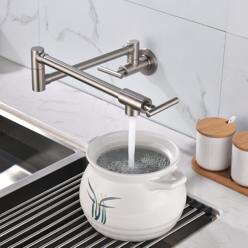 Pot Filler Faucet Wall Mount, Folding Kitchen Faucet Brass Double Joint Swing Arm, Two Handle Single Hole