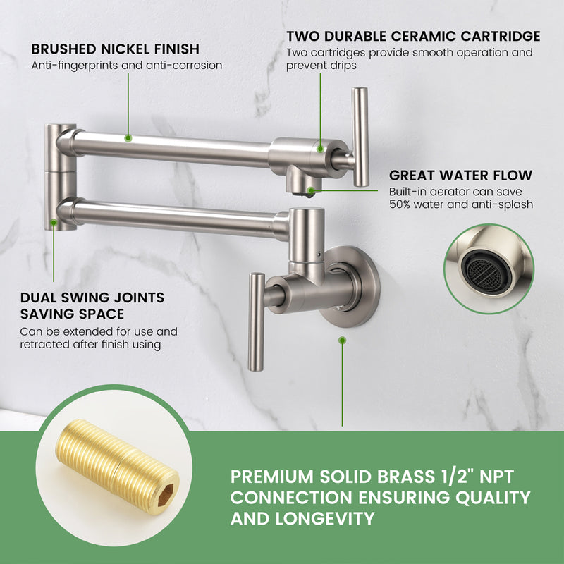 Pot Filler Faucet Wall Mount, Folding Kitchen Faucet Brass Double Joint Swing Arm, Two Handle Single Hole