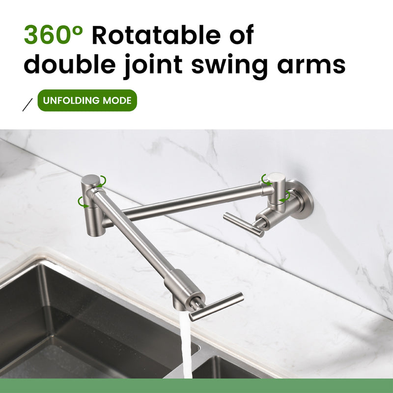 Pot Filler Faucet Wall Mount, Folding Kitchen Faucet Brass Double Joint Swing Arm, Two Handle Single Hole