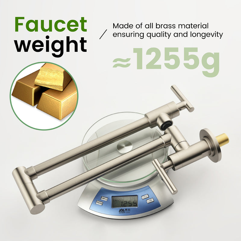 Pot Filler Faucet Wall Mount, Folding Kitchen Faucet Brass Double Joint Swing Arm, Two Handle Single Hole