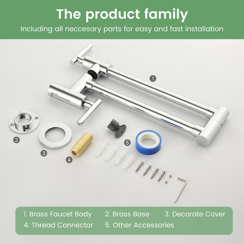 Pot Filler Faucet Wall Mount, Folding Kitchen Faucet Brass Double Joint Swing Arm, Two Handle Single Hole