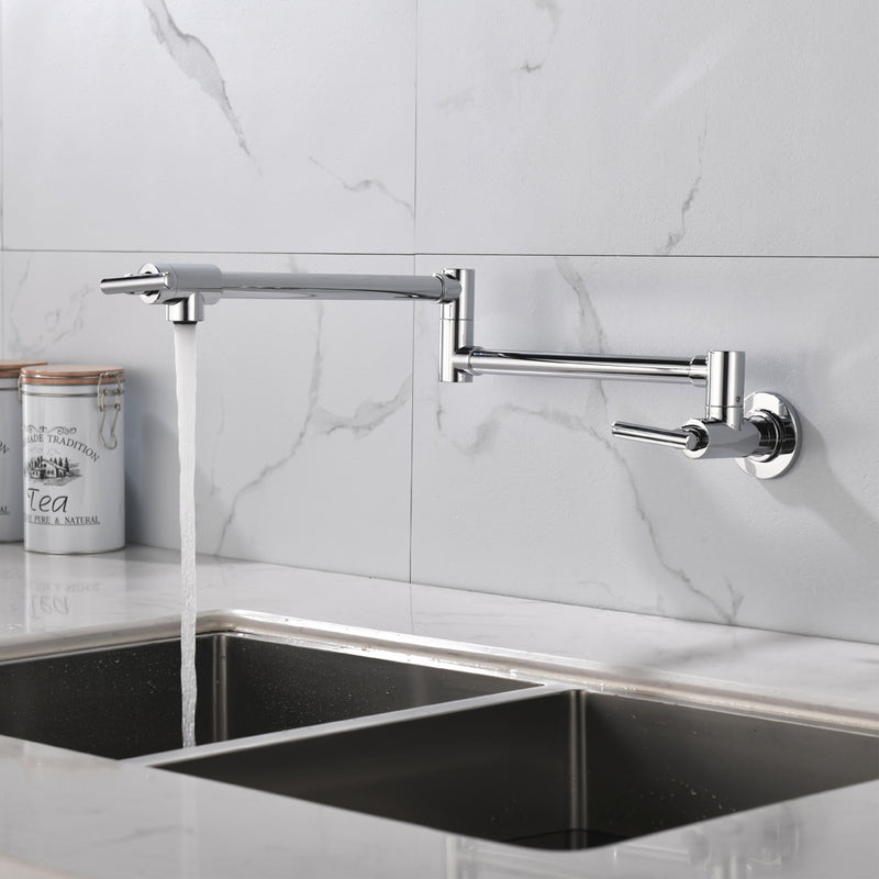 Pot Filler Faucet Wall Mount, Folding Kitchen Faucet Brass Double Joint Swing Arm, Two Handle Single Hole