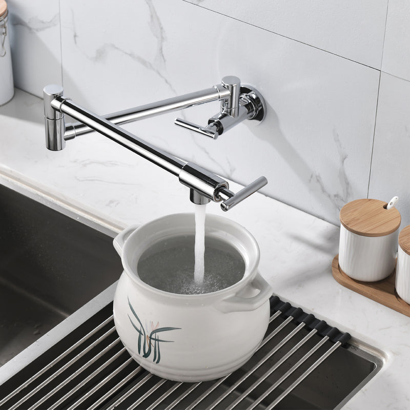 Pot Filler Faucet Wall Mount, Folding Kitchen Faucet Brass Double Joint Swing Arm, Two Handle Single Hole