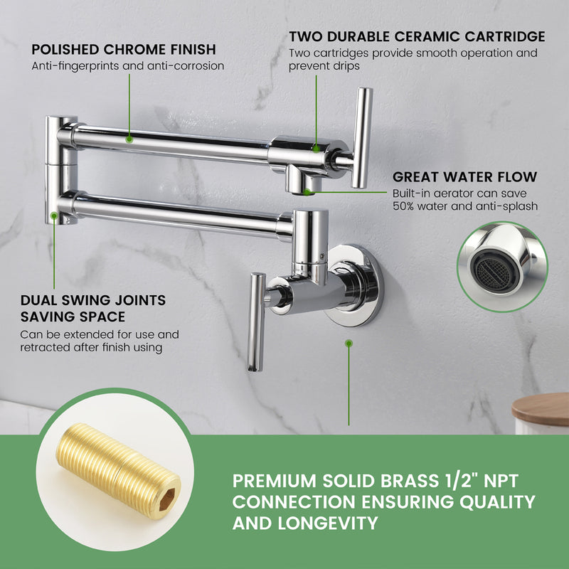 Pot Filler Faucet Wall Mount, Folding Kitchen Faucet Brass Double Joint Swing Arm, Two Handle Single Hole