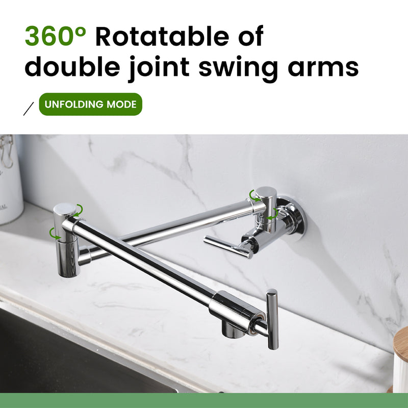 Pot Filler Faucet Wall Mount, Folding Kitchen Faucet Brass Double Joint Swing Arm, Two Handle Single Hole